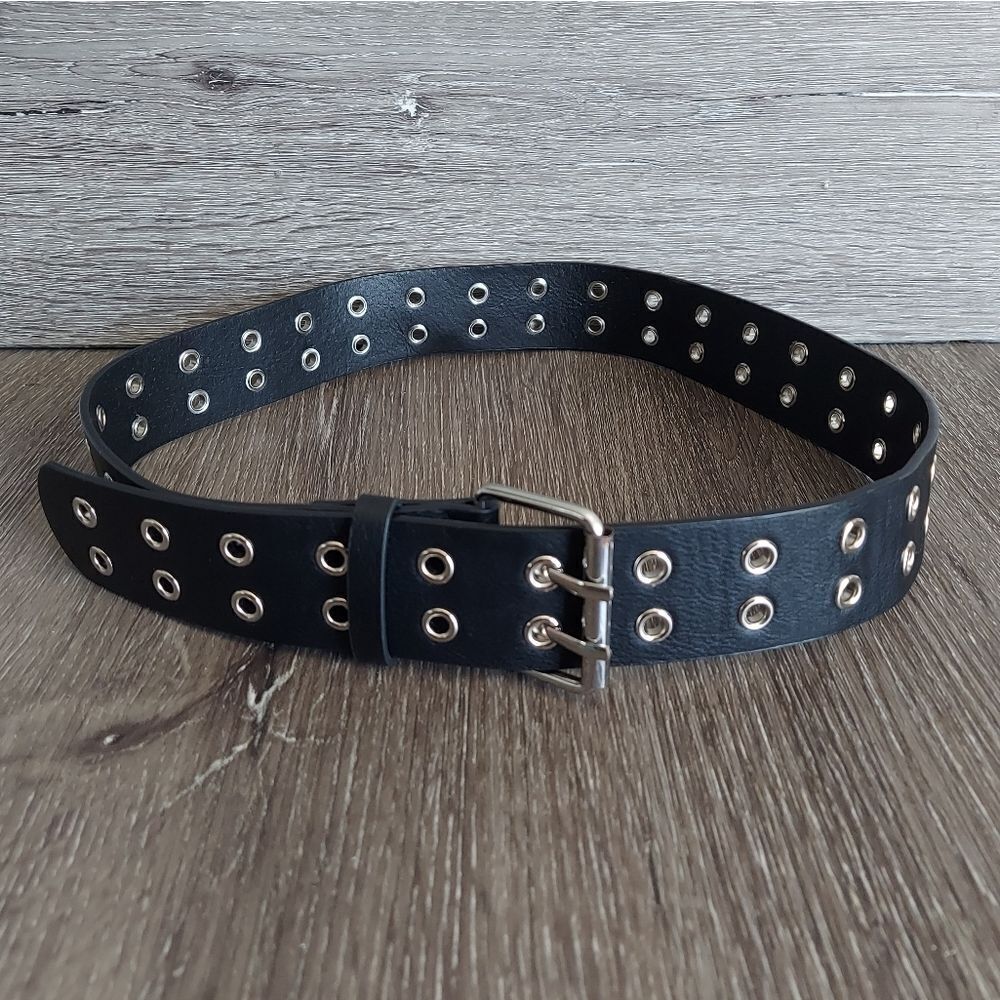 Brandy Melville Black Faux Leather Grommet Rocker Biker Belt 35" Long